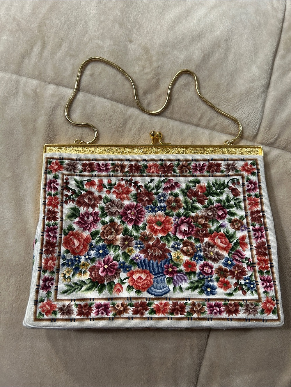 Vintage Floral Petit Point Tapestry Evening Bag with Gold Frame